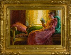 CHARLES COURTNEY CURRAN (1861&ndash;1942). &quot;Girl in Window Seat,&quot; 1892. Oil on canvas, 18 3/8 x 26 in. Showing gilded American Impressionist style frame.