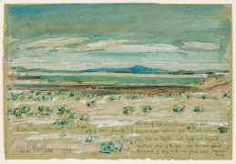 CHILDE HASSAM (1859&ndash;1935), &quot;Malheur Lake, Eastern Oregon,&quot; 1908. Watercolor, pastel, crayon, and Chinese white on paper, 7 x 10 in.