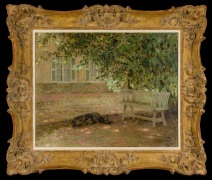 HENRI EUGENE AUGUSTIN LE SIDANER (French, 1862&ndash;1939), &quot;Le Banc, Gerberoy,&quot; 1903. Oil on canvas, 25 3/4 x 32 1/4 in. Showing gilded Louis XV-style double-sweep frame.