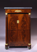 Secr&eacute;taire &agrave; Abattant, about 1820&ndash;25. Attributed to Thomas Emmons and George Archbald, Boston (active together 1814&ndash;25). Mahogany and bird&rsquo;s eye maple, with ormolu mounts, die-rolled gilt-brass moldings filled with lead, marble, mirror plate, and leather, variously blind-stamped and gilded, 57 3/16 in. high, 37 1/4 in. wide, 19 3/4 in. deep