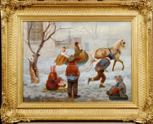 WILLIAM JOHN HENNESSY (1839&ndash;1917), &quot;The Race,&quot; 1860. Oil on canvas, 18 x 24 1/4 in. Showing gilded &quot;quilted cove&quot; frame.