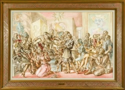 REGINALD MARSH (1898&ndash;1954), &quot;Cocktails&mdash;5 to 7,&quot; 1940. Watercolor and pencil on paperboard, 26 1/2 x 40 in. Showing gilded Charles Prendergast style frame.