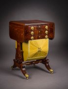 Neo-Classical Drop-Leaf Work Table with Lyre Ends, about 1828&ndash;29. Attributed to Rufus Pierce, Boston. Mahogany, with gilt-brass paw toe-caps and castors, drawer pulls, key-hole escutcheons, baize writing surface, and fabric on workbox, 28 13/16 in. high, 19 1/2 in. wide, 20 1/8 in. deep (at the castors). Oblique view with leaves down.