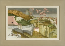 JULES KIRSCHENBAUM (1930&ndash;2000), &quot;Destruction of Babel,&quot; 1956. Tempera on canvas on Masonite, 15 x 24 in. Showing painted American Modernist style frame.