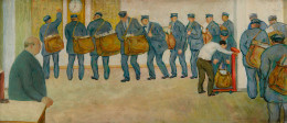 ARNOLD FRIEDMAN (1874&ndash;1946), &quot;Leaving on Schedule,&quot; 1935. Oil on wood panel, 12 x 27 1/2 in.