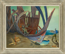 OSVALDO LOUIS GUGLIELMI (1906&ndash;1956), &quot;An Odyssey for Moderns,&quot; by 1943. Oil on canvas, 24 x 30 in. Showing original distressed-wood frame.