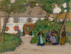 JANE PETERSON (1876&ndash;1965), Village Gossips, Brittany,&quot; about 1908&ndash;10 Gouache on paper, 18 x 23 1/2 in.