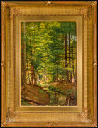 JERVIS MCENTEE (1828&ndash;1891), &quot;River in the Forest,&quot; about 1855. Oil on canvas, 15 1/4 x 10 in. Showing replica gilded fluted cove frame.