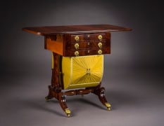 Neo-Classical Drop-Leaf Work Table with Lyre Ends, about 1828&ndash;29. Attributed to Rufus Pierce, Boston. Mahogany, with gilt-brass paw toe-caps and castors, drawer pulls, key-hole escutcheons, baize writing surface, and fabric on workbox, 28 13/16 in. high, 19 1/2 in. wide, 20 1/8 in. deep (at the castors). Oblique view with leaves extended.
