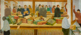 ARNOLD FRIEDMAN (1874&ndash;1946), &quot;Parcel Post Window,&quot; 1935. Oil on wood panel, 12 x 27 1/2 in.
