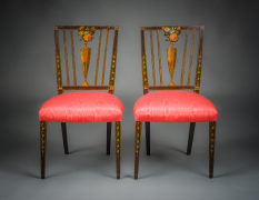 Pair Painted Side Chairs with Vase-Shaped Splats in the Sheraton Taste, about 1785&ndash;93 Attributed to John Seymour, Jr. (1767&ndash;1793), Portland, Maine  Black ash, cherry, and white pine, painted, with upholstered seats Each, 35 in. high, 20 in. wide, 19 1/2 in. deep (overall)
