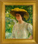 CHILDE HASSAM (1859&ndash;1935), &quot;Portrait of Nan Wood Honeyman,&quot; 1904. Oil on canvas, 30 x 25 in. Showing period American Impressionist-style frame.