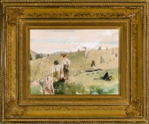 WINSLOW HOMER (1836&ndash;1910), &quot;Boys on a Hillside,&quot; 1879.  Watercolor, gouache, and pencil on paper, 8 1/8 x 11 1/2 in. Showing 19th-century gilded cove frame.