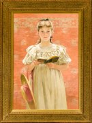 WALTER MACEWEN (1860&ndash;1943), &quot;Girl Standing with Book,&quot; about 1900&ndash;20. Oil on canvas, 34 1/2 x 24 in. Showing gilded Arts &amp; Crafts style frame.