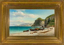 CHARLES TEMPLE DIX (1838&ndash;1873), &quot;Marina Grande, Capri,&quot; 1866. Oil on canvas, 18 1/8 x 30 1/8 in. Showing gilded fluted frame.