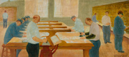 ARNOLD FRIEDMAN (1874&ndash;1946), &quot;Cancellation Table,&quot; 1935. Oil on wood panel, 12 x 27 1/2 in.