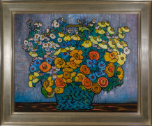 JANE PETERSON (1876&ndash;1965), &quot;Floral Over Mantel.&quot; Oil on canvas, 29 1/4 x 36 in. Showing gilded frame.