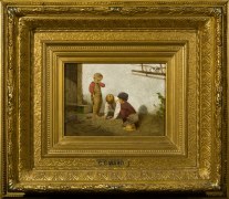 CHARLES CALEB WARD (1831&ndash;1896), &quot;His Only Pet, &quot; 1871. Oil on board, 5 5/8 x 7 7/8 in. Showing original gilded composite frame.
