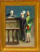 GUY PENE DU BOIS (1885&ndash;1958), &quot;At the Bench,&quot; 1947. Oil on paper board mounted on Masonite, 25 1/2 x 19 in. Showing gilded American cove frame.