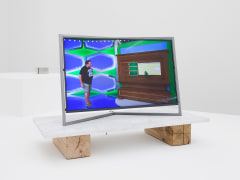 Paul Pfeiffer, Desiderata 2017, 2018. Digital video loop, fabricated steel monitor with embedded media player, marble, wood, 35 1/16 x 22 7/16 x 52 3/8 inches (89.1 x 57 x 133 cm), 4 minutes, 18 seconds.