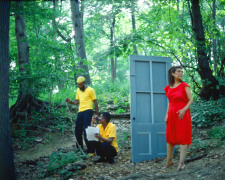 Rivers, First Draft: The Woman in Red hesitates outside after the Black Male Artists in Yellow eject her, 1982/2015, Digital C-print in 48 parts,&nbsp;16h x 20w in (40.64h x 50.80w cm)