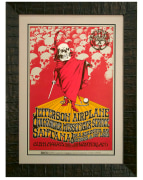 BG-222 Poster for the Grateful Dead 1970 Benefit by Randy Tuten. Concerts by Jefferson Airplane, Quicksilver, Santana featured a red-cloaked barrister skeleton with ball and chain and an audience of skulls looking on