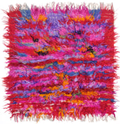 small antique konya tulu rug. an almost square bright red, purple, pink, and yellow stringy shag rug