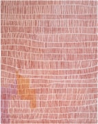summit in the merlot colorway. the rug features short red stripes, with two organic blocks of yellow and purple in the bottom left corner
