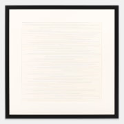 Sol LeWitt.&nbsp;Alternate parallel straight black, yellow, red and blue lines of random length, not touching the sides of the page, 1972. Ink on paper, 14 x 14 inches.