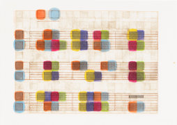 Study for Cadenza, after Hermitage Thresholds : spectrum transcription/s [ orange with blue / 1 ], 2023, Japanese printed tablet paper with archival pen, ink / hand-stamped, unique