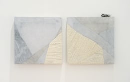 Martha Tuttle.&nbsp;Let Rocks be your Guide,&nbsp;2019. Wool, linen, pigment, slag and aluminum. Diptych, 12 x 12 inches (each).&nbsp;