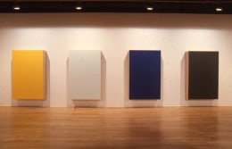 Installation view at Rhona Hoffman Gallery, Christian Eckart, Regular Paintings #1203-#1206, 1989&nbsp;Icon-Type #806,&nbsp;1989.