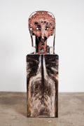 Twins, 2011. Clay, wire, styrofoam, paper, ink acrylic paint, cast iron, metal chain, medallion, 82.5 x 24 x 18 inches.