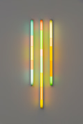 Spencer Finch.&nbsp;Haiku (Fall), 2020. 3 fluorescent fixtures and filters, 48 x 16 inches.
