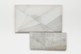 Martha Tuttle. Basin, 2019. Wool, linen, graphite, ultramarine ash, rock crystal, quartz, steel, 23 x 40 inches; 32 x 14 inches.