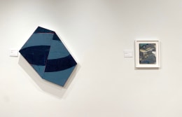 Left: David Row, Night Sky, 2015, Oil on canvas, 32 x 31 inches, Right: Kikuo Saito, Spanish Gray, 2010, Oil on board 10-1/2 x 8-1/2 inches