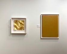 Left: Stephen Antonakos, Terrain #8, 2012, Gold leaf on Tyvek, 15 x 15 inches, Right: Jules Olitski, Untitled Six Hundred and Twenty Three, 1967-69, Oil on paper mounted on canvas, 31 x 22 inches