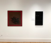 Left: Cleve Gray, Conjunction #203, 1975, Acrylic on canvas, 38 x 36 inches, Right: Louise Nevelson, End of Day XXVII, 1972, Black painted wood, 34-1/2 x 18-3/4 x 2-1/2 inches