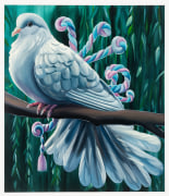 Malin&nbsp;Molin, Realistic photo of a white slim dove sitting with ruffled feathers on a branch in a willow tree. It has a long twisted marshmallow rope in blue white pink and yellow in its beak. It is twilight and the foliage almost covers the bird, 2024