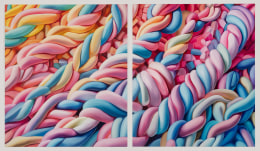 Malin&nbsp;Molin, Photo of twisted pastel colored pink blue, white and yellow marshmallow ropes wrapped around each other like tentacles in sunset pattern.