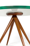 Italian Glass and Mahogany Round Occasional Table in the Manner of Pietro Chiesa, Close Up Bottom View Cropped