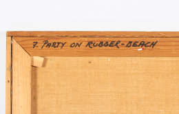 Surrealist Painting &quot;Party on Rubber Beach&quot; by George Broe, Title Written on Back of Canvas
