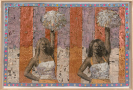 This is an image of a painting made by Derek Fordjour in 2014 titled: Cheerleaders Double.