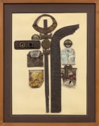 This is an image of a framed, mixed media collage made by Noah Purifoy in 1987.