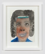 A framed work on paper by February James titled &quot;I've been waiting for this moment&quot; made in 2021 depicting a figure's head.