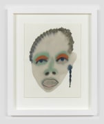 A framed work on paper by February James titled &quot;A heart full of broken promises&quot; made in 2021 depicting a figure's face.
