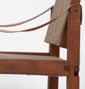 Pierre Chapo's pair of armchairs detailed view of seat joinery and leather armrest