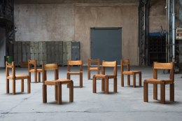 Pierre Chapo set of six &quot;S11B&quot; chairs installation view of all chairs in warehouse