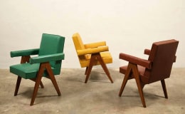 Three of Le Corbusier &amp; Pierre Jeanneret's &quot;Committee&quot; armchair in green, yellow and red (left to right)