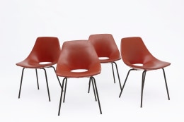 Pierre Guariche's Set of 4 &quot;Tonneau&quot; chairs straight front view of all chairs